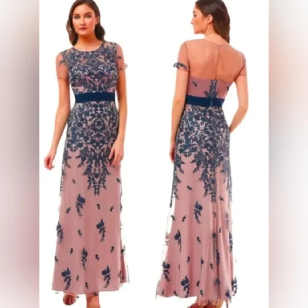 JS Collections Blush Pink and Navy Embroidered Lace Evening Gown - Picture 3 of 10